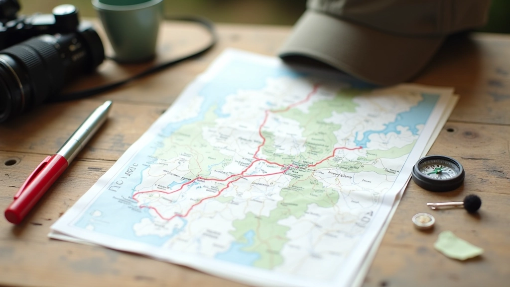 Tisknutá horská mapa a kompas na dřevěném stole se značkami trasy