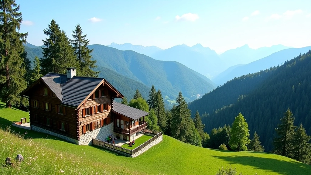 Horská chata Pustevny s panoramou hor v pozadí a lavičkami pro odpočinek