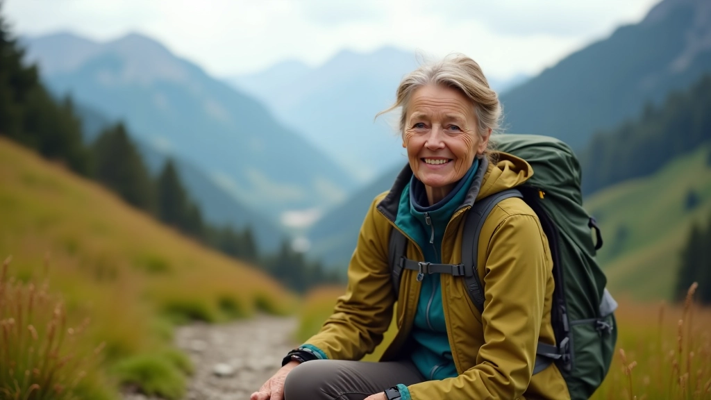 Senior žena v reflexní vesty a bezpečnostní helmě sedí na horské cestě s výhledem na údolí