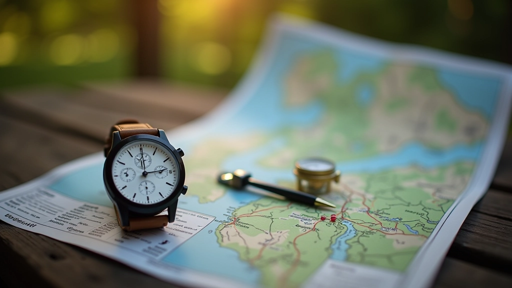 Hodinky na zápěstí, horský průvodce s mapou a kompasem v přírodě